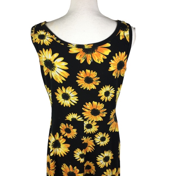 Sunflower Daisy Tank Sundress Size Large Black Yellow Knit Fit and Flare - Picture 5 of 8